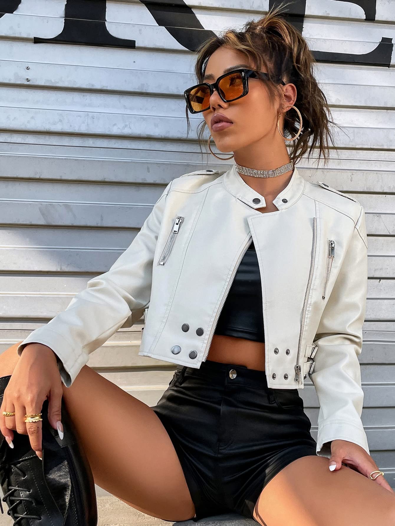Amazon.com: Neeno Women's Jacket Buckled Strap Zip Detail PU Amazon.com: Neeno Women's Jacket Buckled Strap Zip Detail PU